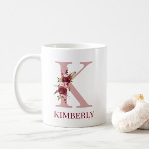 Letter K Burgundy Blush Floral Coffee Mug
