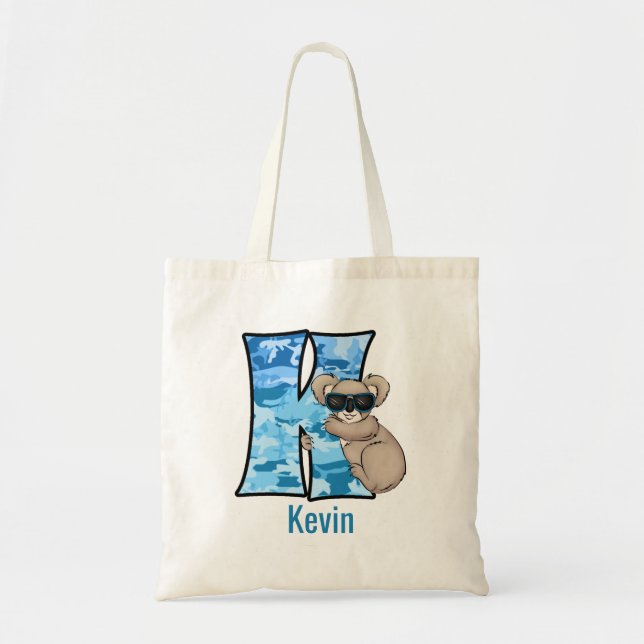 Letter K Camouflage for Boys Blue Koala Bear Tote Bag (Front)