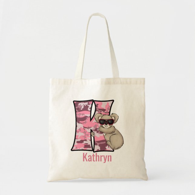 Letter K Camouflage for Girls Pink Koala Bear Tote Bag (Front)