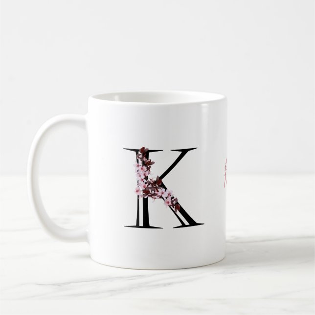 Letter K, Cherry Blossom | Monogram Script Name Coffee Mug (Left)