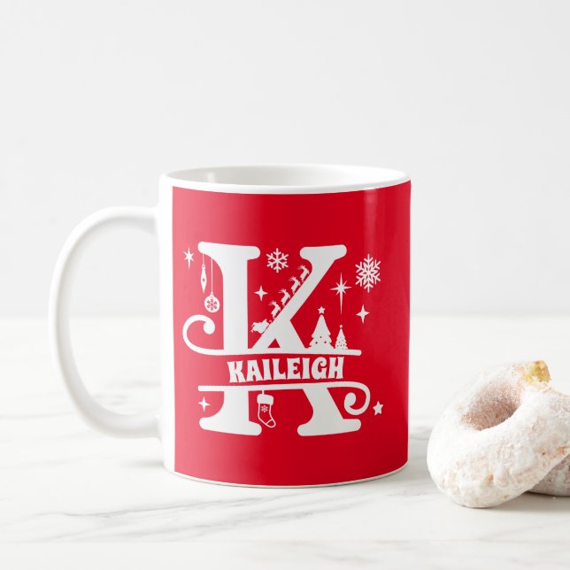 Letter K Christmas Monogram Initial Name Red  Coffee Mug (With Donut)