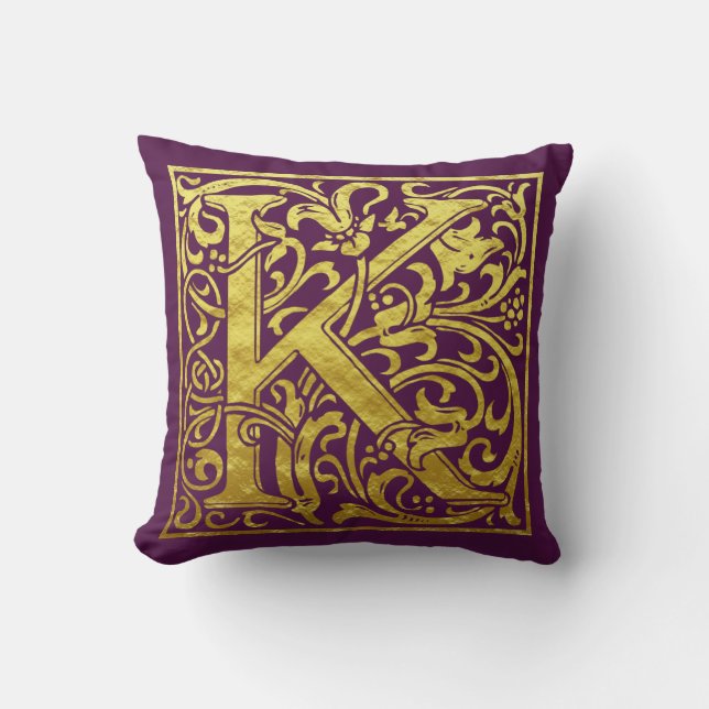 Letter K First Letter Faux Gold and Purple Cushion (Front)