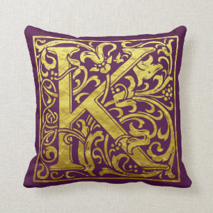 Letter K First Letter Faux Gold and Purple Cushion