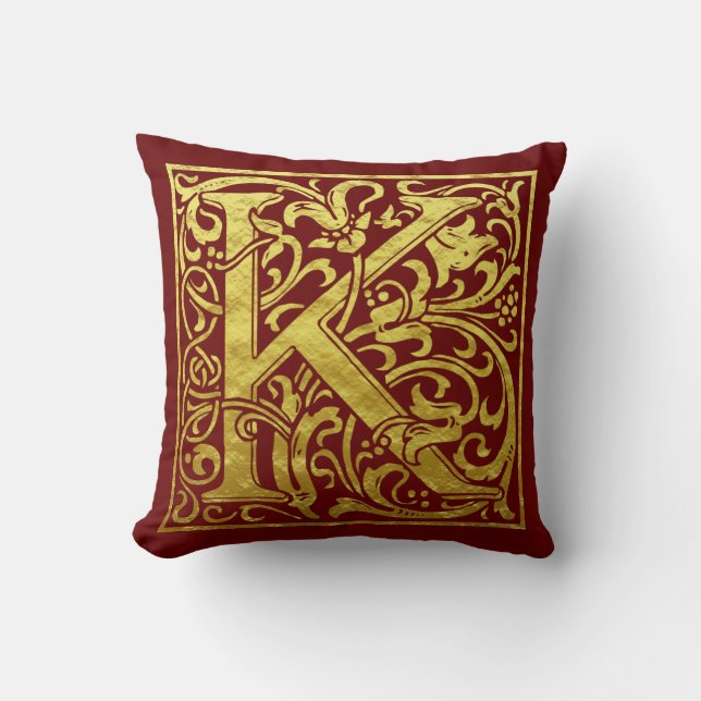 Letter K First Letter Faux Gold and Red Cushion (Front)