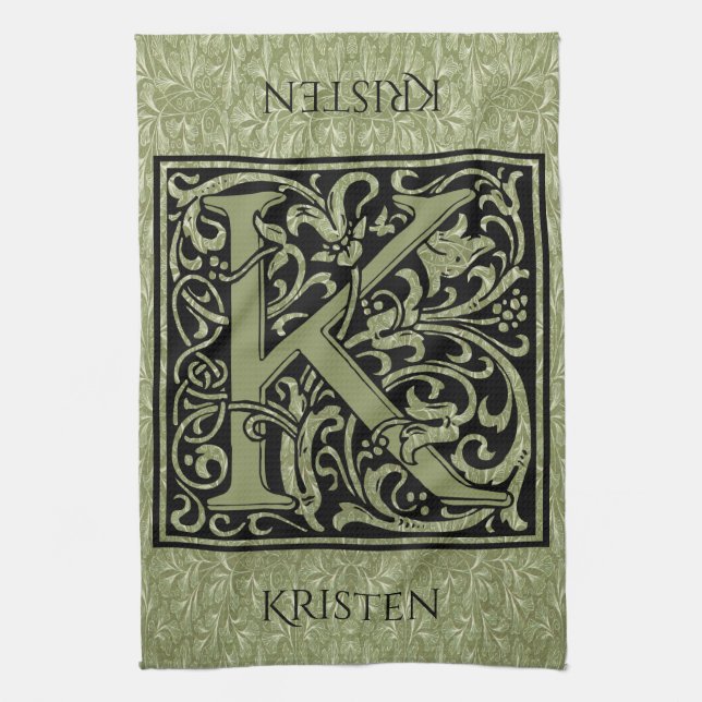 Letter K First Letter Monogram Personalised Tea Towel (Vertical)