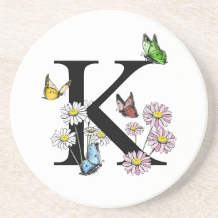 Letter K Floral Watercolor Butterfly Monogram Coaster