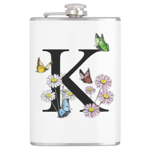 Letter K Floral Watercolor Butterfly Monogram Hip Flask
