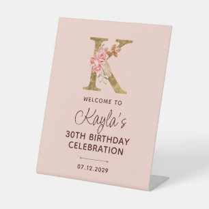 Letter K Gold Monogram Blush Pink Roses Sign