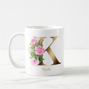 Letter K Gold Monogram   Pink Roses Floral Coffee Mug