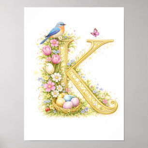 Letter K Gold Spring Nature Monogram Bluebird Kids Poster
