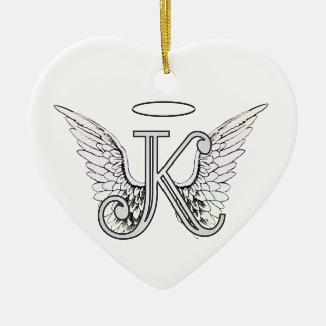 Letter K Initial Monogram with Angel Wings & Halo Ceramic Ornament (Front)