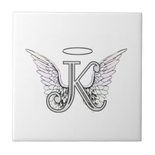 Letter K Initial Monogram with Angel Wings & Halo Ceramic Tile