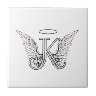 Letter K Initial Monogram with Angel Wings & Halo Ceramic Tile