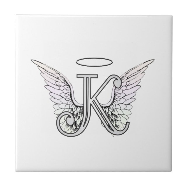 Letter K Initial Monogram with Angel Wings & Halo Ceramic Tile (Front)
