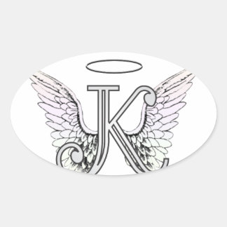 Letter K Initial Monogram with Angel Wings & Halo Oval Sticker