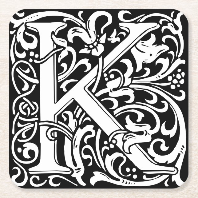 Letter K Mediaeval Monogram Art Nouveau Square Paper Coaster (Front)