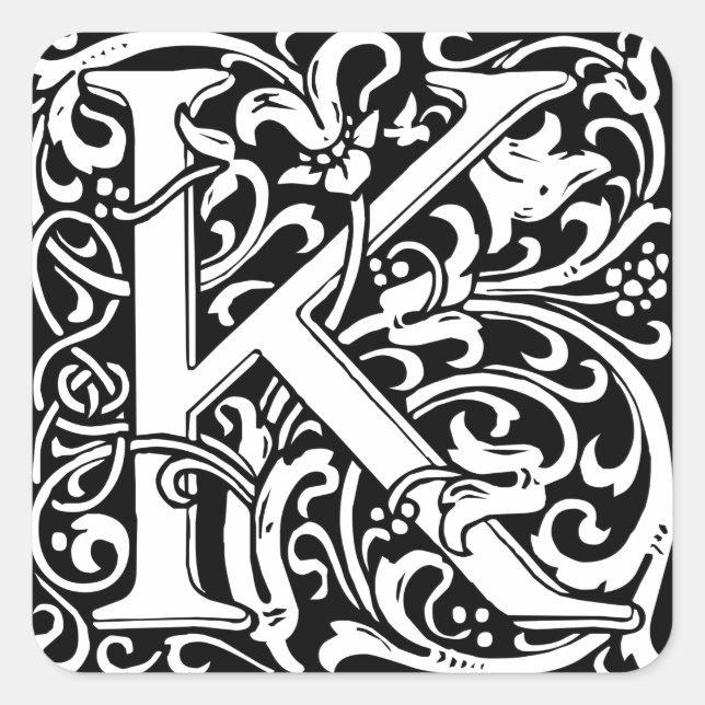 Letter K Mediaeval Monogram Art Nouveau Square Sticker (Front)