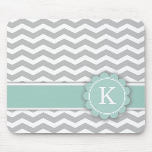 Letter K Mint Monogram Grey Chevron Mouse Pad (Front)