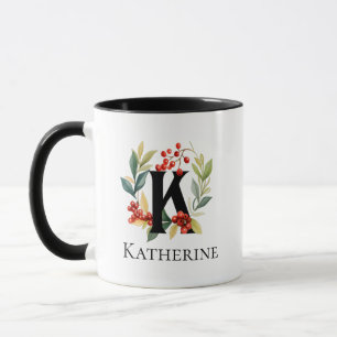 Letter K Monogram Christmas Berry Wreath Mug