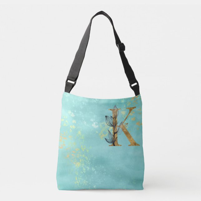 *~ LETTER K - Monogram Gold Glitter Turquoise Blue Crossbody Bag (Front)