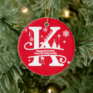 Letter K Monogram Initial Family Name Greeting Ceramic Ornament