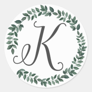 Letter K Monogram Minimalist Botanical Leaf Wreath Classic Round Sticker