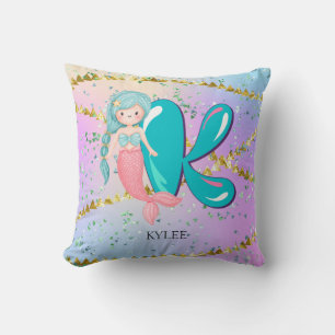 Letter K Monogram Watercolor Cute Mermaid Nursery Cushion