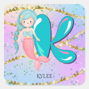 Letter K Monogram Watercolor Cute Mermaid Nursery Square Sticker