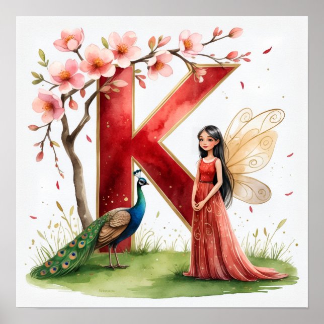 Letter K Peacock Fairy Poster - Elegant Art (Front)