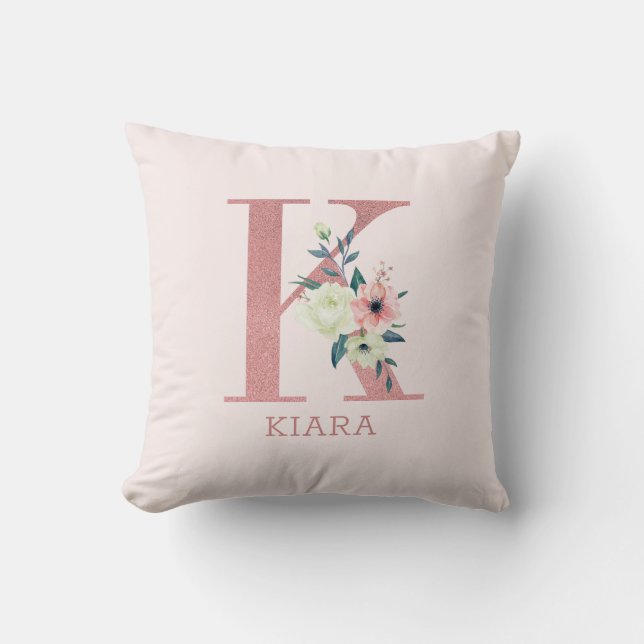 Letter K Pink Watercolor Floral Monogram Nursery Cushion (Front)