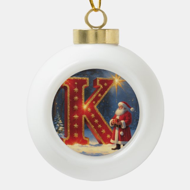 Letter K Santa Personalised Monogram Holiday Gift Ceramic Ball Christmas Ornament (Front)