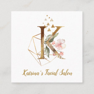 Letter K with Gold Geometric Design and Flowers Square Business Card