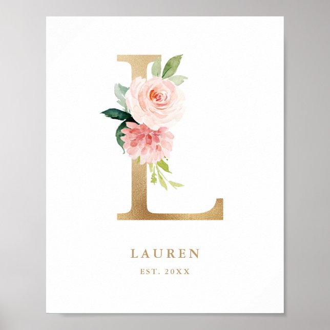 Letter L Blush Floral Monogram Gold Foil Nursery Poster (Front)