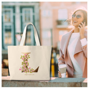 Letter L Elegant Floral Gold Monogram Large Tote Bag