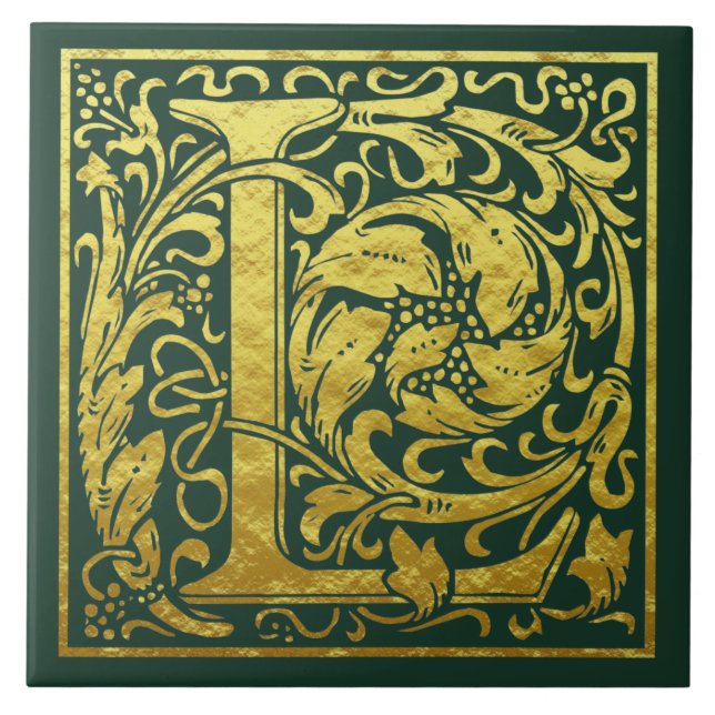 Letter L First Letter Faux Gold on Celtic Green Ceramic Tile (Front)
