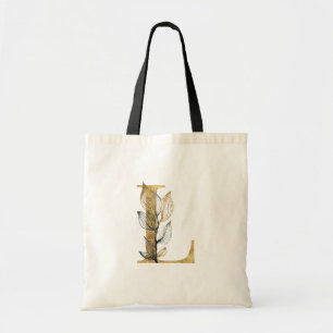 *~* Letter L Gold Monogram Initial Black Leaves Tote Bag