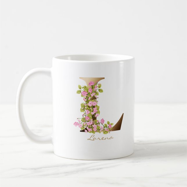 Letter L Gold Monogram | Pink Cherry Blossoms Coffee Mug (Left)
