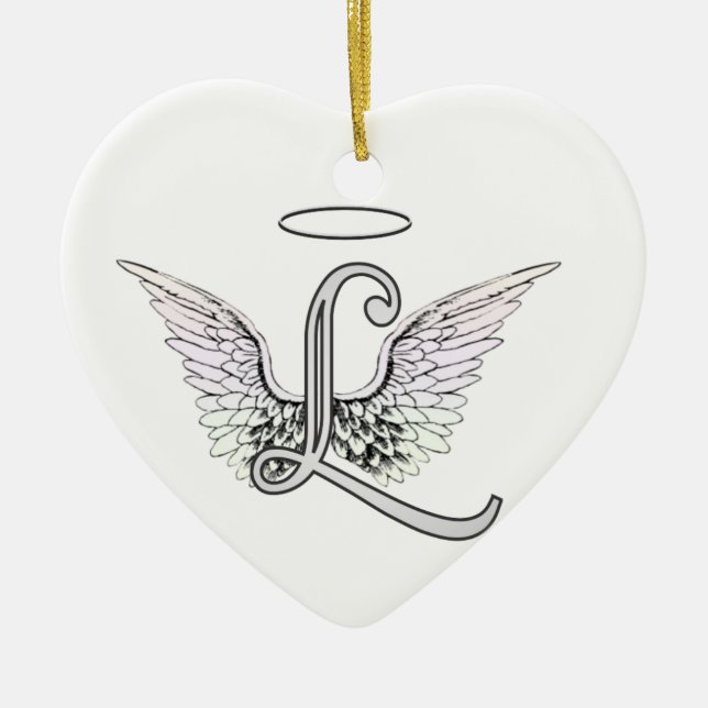 Letter L Initial Monogram with Angel Wings & Halo Ceramic Ornament (Front)