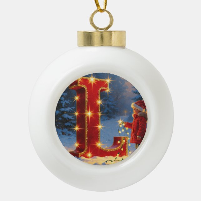 Letter L Lights Personalised Monogram Holiday Gift Ceramic Ball Christmas Ornament (Front)