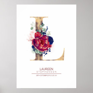 Letter L Monogram Floral Navy Blue and Burgundy Poster