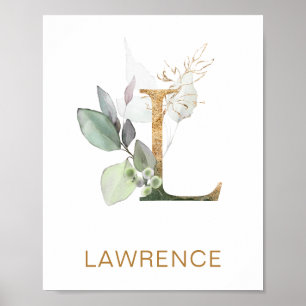 Letter L Monogram Green & gold foliage Nursery Poster