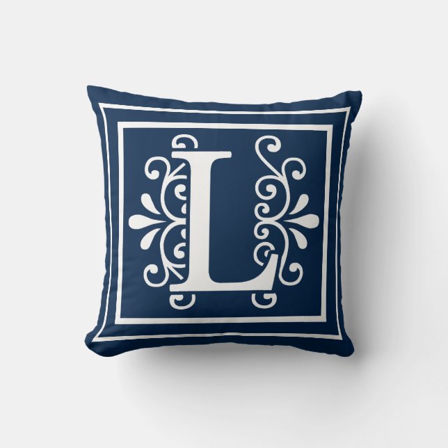 Letter L Monogram Navy Blue White Cushion (Front)