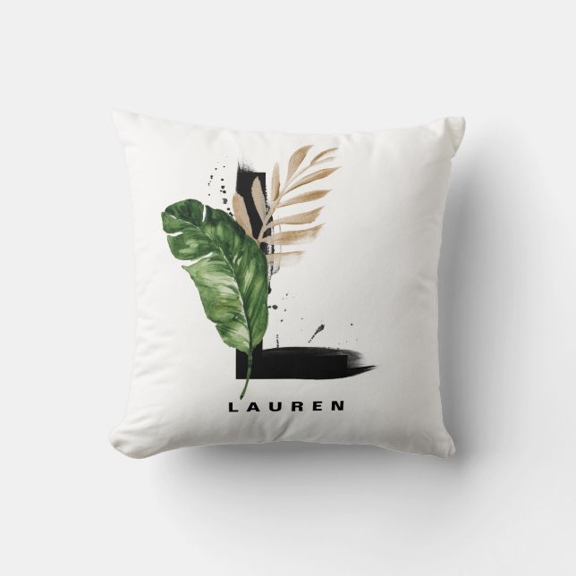 Letter L Monogram Palm Leaves Tropical Cushion (Front)
