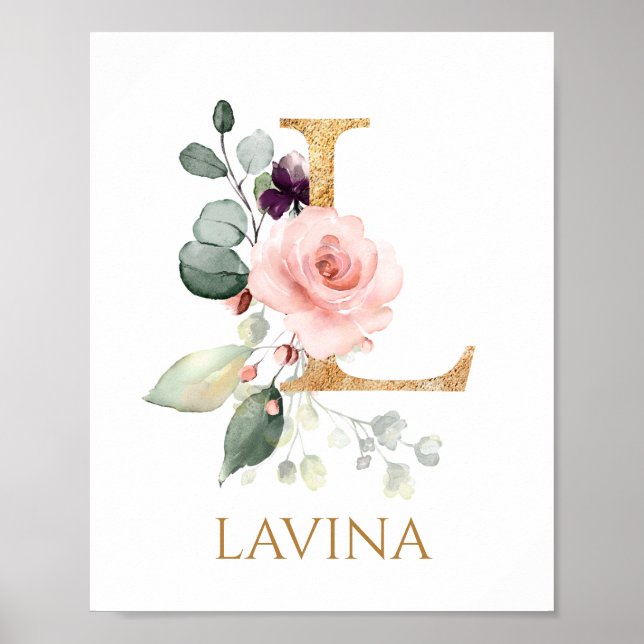 Letter L Monogram pink rose Nursery Poster (Front)