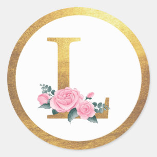 Letter L Monogram Pink Roses Floral & Elegant Gold Classic Round Sticker