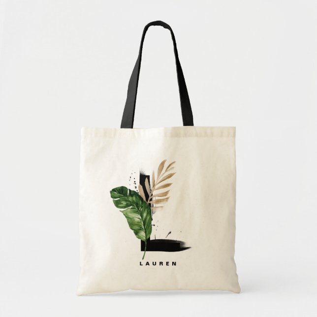 Letter L Monogram | Tropical Leaves Bridesmaid Tote Bag (Front)