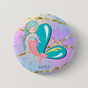 Letter L Monogram Watercolor Cute Mermaid Nursery 6 Cm Round Badge