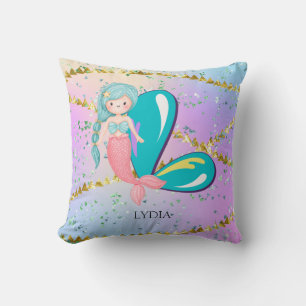Letter L Monogram Watercolor Cute Mermaid Nursery Cushion