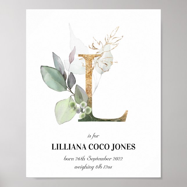 Letter L New Baby Monogram Birth Print Greenery (Front)