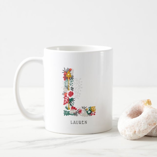 Letter L | Whimsical Floral Letter Monogram I Mug (With Donut)